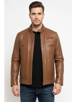 Deriderim Tarron Taba Kısa Fermuarlı Erkek Hakiki Deri Mont
