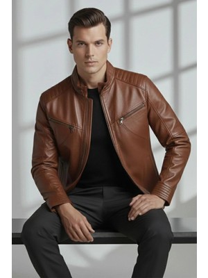 Deriderim Taba Hector Hakim Yaka Fermuarlı Astarlı Erkek Hakiki Deri Mont