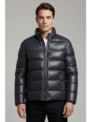 Deriderim Klaus Lacivert Hakim Yaka Şişme Hakiki Deri Erkek Mont