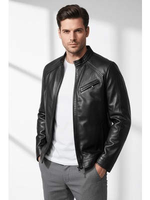 Deriderim Arlon Siyah Hakiki Deri Erkek Mont