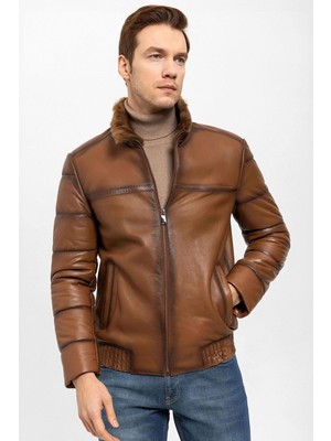 Deriderim Taba Dielo Fermuarlı Beli Deri Lastikli Erkek Hakiki Kürk Kaban