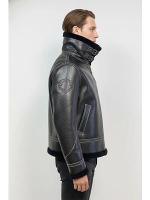 Deriderim Siyah Içi Siyah Tüylü Tokalı Cepli Astarsız Fermuar Kapamalı Erkek Hakiki Kürk Kaban