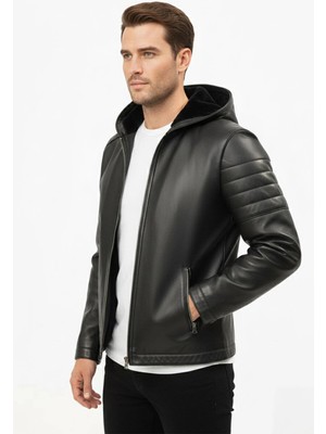 Deriderim Siyah Peter Erkek Kapüşonlu Kürklü Fermuarlı Sıcak Tutar Hakiki Deri Mont