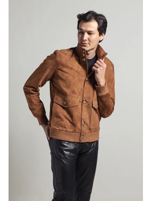 Deriderim Camel Knox Erkek Düğmeli Astarlı Beli ve Kolu Trikolu Kolej Hakiki Süet Mont