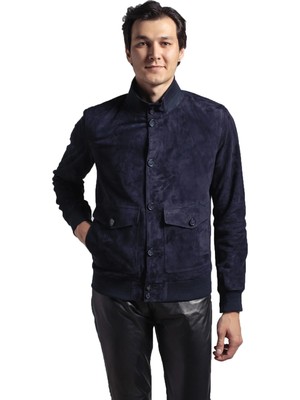 Deriderim Lacivert Knox Erkek Düğmeli Astarlı Beli ve Kolu Trikolu Kolej Hakiki Süet Mont