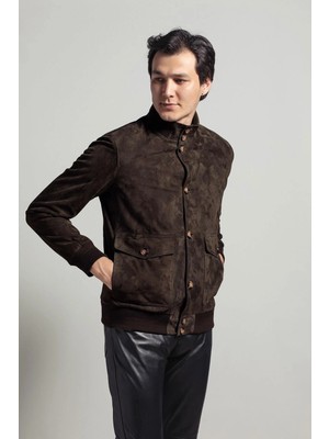 Deriderim Kahverengi Knox Erkek Düğmeli Astarlı Beli ve Kolu Trikolu Kolej Hakiki Süet Mont