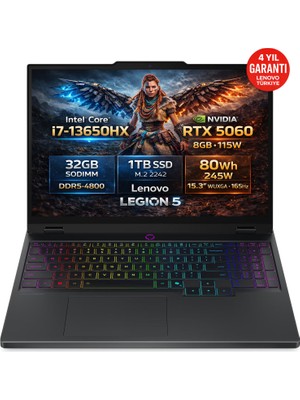Lenovo Legion 5 15IRX10 Intel Core i7-13650HX 32GB 1TB SSD RTX 5060 8GB 15.3" WUXGA (1920X1200) IPS 165Hz 115W Freedos Taşınabilir Bilgisayar 83LY00PYTR