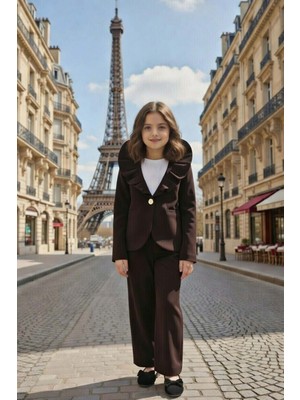 Riccotarz Kız Çocuk Asimetrik Kesim Fırfırlı Yaka Kloş Ceket Kahverengi Alt Üst Takım