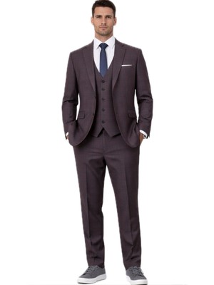 Fabio Cassel Slim Fit  Mono Yaka Çift Yırtmaçlı Astarlı Takım Elbise Yelekli