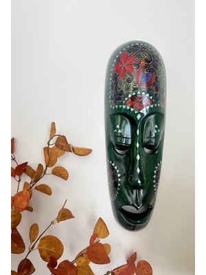 Miamantra El Yapımı ve Elde Boyanmış Yeşil Ahşap Dekoratif Maske /duvar Dekoru Aborjin Mask Büyük Boy