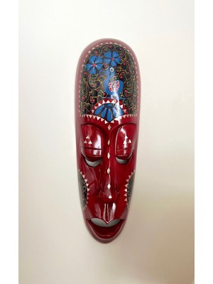 Miamantra El Yapımı ve Elde Boyanmış Bordo Ahşap Dekoratif Maske /duvar Dekoru Aborjin Mask Büyük Boy