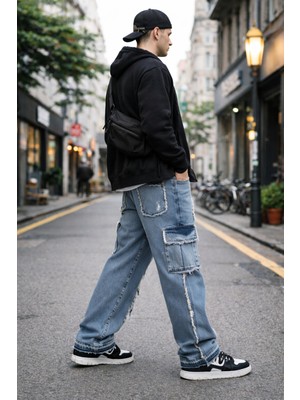 Unisex Mavi Kargo Baggy Jean Dış Dikişli Streetwear Pantolon