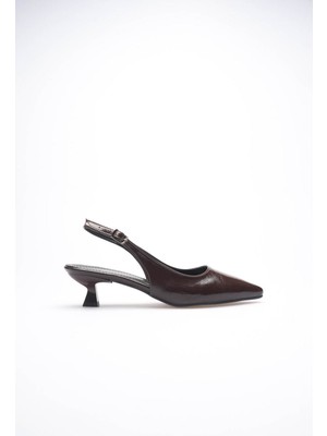 Shoegar Kadın Acı Kahve Kırışık Rugan Sivri Burun Slingback Kısa Topuklu Ayakkabı EATR20MS04D