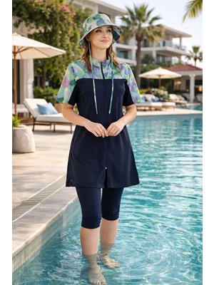 Alfasa Üstü Paraşüt Kumaş Önden Fermuarlı Şapkalı Yarım Kollu Kadın Taytlı Mayo 26713