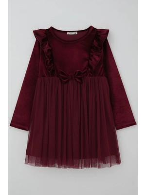 Breeze Kız Çocuk Uzun Kollu Kadife Elbise Fiyonk Aksesuarlı Tüllü Fırfırlı 4-8 Yaş, Bordo