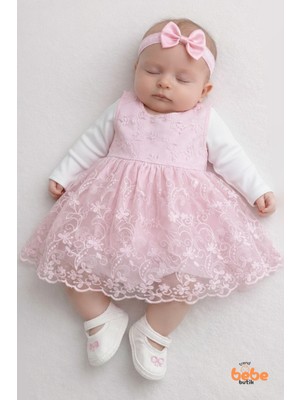Trend Bebe Butik Kız Bebek Mevlüt Elbisesi Seti Dantel Işlemeli Pembe Bebek Elbisesi,4parça Yenidoğan Özel Gün Elbise