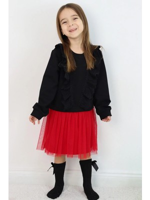 Breeze Kız Çocuk Uzun Kollu Elbise Nakış Güpürlü Tüllü 3-8 Yaş, Siyah