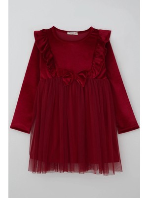 Breeze Kız Çocuk Uzun Kollu Kadife Elbise Fiyonk Aksesuarlı Tüllü Fırfırlı 4-8 Yaş, Kırmızı