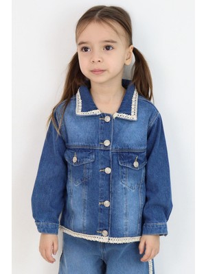 Breeze Kız Çocuk Jean Ceket Yaka & Alt Kısmı Güpür Cep Kapak Detaylı 3-7 Yaş, Mavi