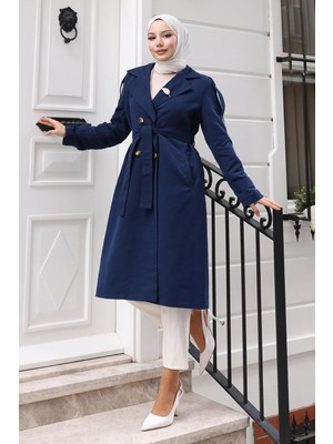 Broş Detaylı Düğmeli Trençkot Indigo 19371