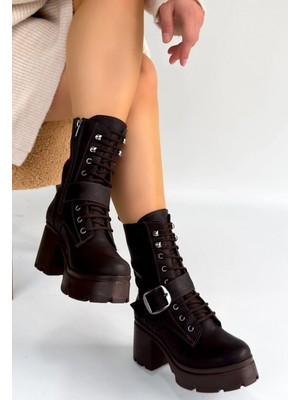 Erbilden Linma Acı Kahve Cilt Bağcıklı Topuklu Bot