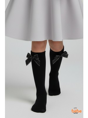 Trend Bebe Butik Kız Çocuk Dikişsiz Diz Altı Uzun Çorap Simli Saten Kurdeleli Şık Pamuklu Özel Gün,okul Çorabı