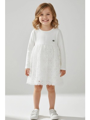 Breeze Kız Çocuk Uzun Kollu Elbise Etek Kısmı Organze Kabartmalı Çiçek Tül Detaylı 3-7 Yaş, Ekru