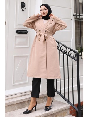 Broş Detaylı Düğmeli Trençkot Vizon 19371
