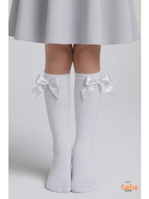 Trend Bebe Butik Kız Çocuk Dikişsiz Diz Altı Uzun Çorap Simli Saten Kurdeleli Şık Pamuklu Özel Gün,okul Çorabı