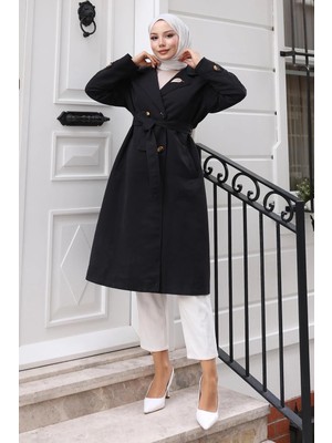 Broş Detaylı Düğmeli Trençkot Siyah 19371