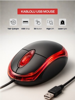 Concord Işıklı Ergonomik USB Mouse | 3 Butonlu Konforlu Bilgisayar Mouse