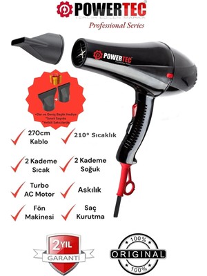 Powertec TR-901 Turbo Professional Series Fön Makinesi & Saç Kurutma 2500w Performans