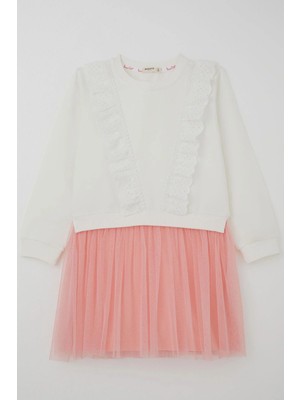 Breeze Kız Çocuk Uzun Kollu Elbise Nakış Güpürlü Tüllü 3-8 Yaş, Ekru