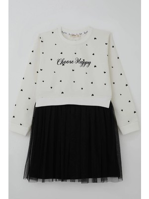 Breeze Kız Çocuk Uzun Kollu Elbise Kalp Desenli Yazı Baskılı 4-8 Yaş, Ekru