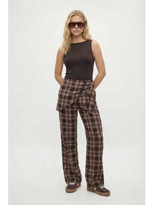 Ritnice Kadın Dina Beli Fularlı Kahverengi Kareli Dokuma Pantolon