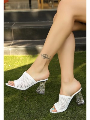 Erbilden Akva Beyaz Triko Şeffaf Topuklu Terlik