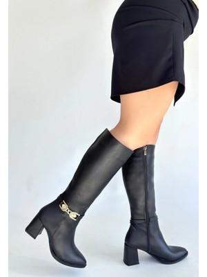 Erbilden Mooni Siyah Cilt Topuklu Çizme