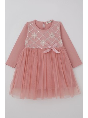 Breeze Kız Çocuk Uzun Kollu Elbise Pullu Tüllü Çiçek Aksesuarlı 1.5-5 Yaş, Gülkurusu