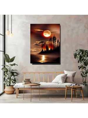 Artprinta Gün Batımı Manzara Kanvas Tablo – Ay Işıklı Orman ve Göl Modern Duvar Dekoru