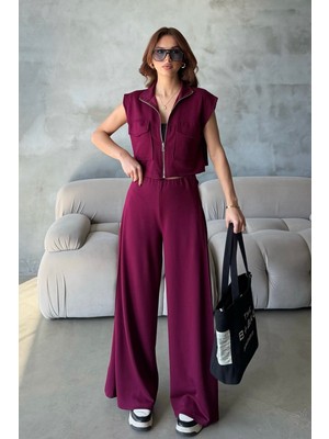 Bejna Kadın Yumuşak Modal Dokulu Yelek Wide Leg Pantolon Alt Üst Spor Takım
