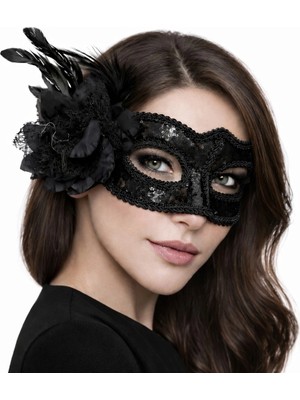 Tp Buğz Siyah Venedik Parti Maskesi – Çiçekli Tüylü Payetli