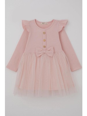 Breeze Kız Çocuk Uzun Kollu Elbise Omzu Fırfır Detaylı Fiyonklu 3-8 Yaş, Pudra