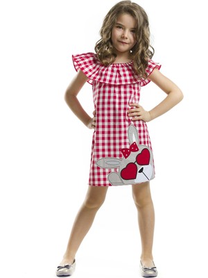 Denokids Kız Çocuk Ekose Elbise Kalp Gözlük Detaylı Günlük Stil 2 Yaş Kırmızı - Beyaz