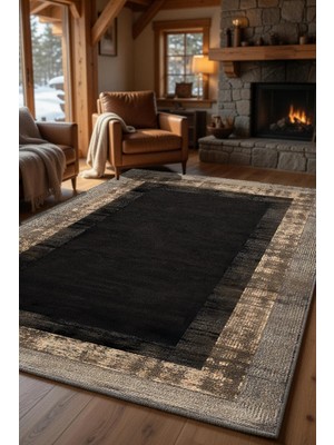 Kilim Home Modern Siyah Kahve Çerçeve Desenli Kilim – Minimal Salon Halısı, Kaymaz Taban