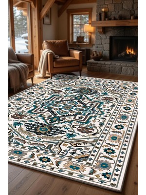 Kilim Home Krem Turkuaz Vintage Desenli Kaymaz Taban Salon Halısı