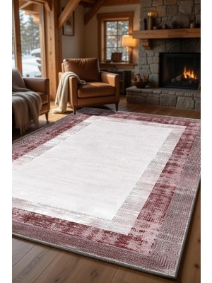 Kilim Home Modern Bordo Çerçeve Desenli Kilim – Minimal Salon Halısı, Kaymaz Taban