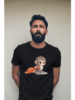 Herşey Nota Punch Maymun Desenli Erkek Siyah Tişört – Sevimli Karakter Baskılı T-Shirt