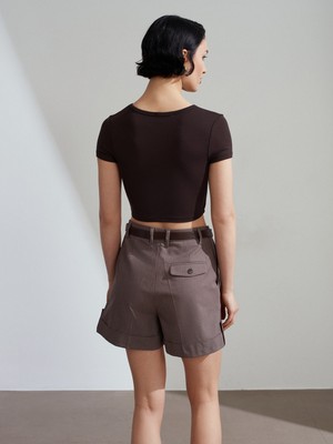 Dilvin 72269 Kemerli Pensli Mini Şort-Koyu Vizon