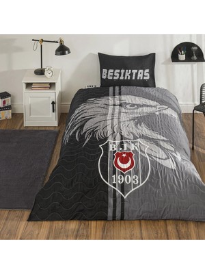 Taç Lisanslı Kapitoneli -Beşiktaş Taraftar- Lastikli Çarşaflı Tek Kişilik 4 Mevsim Nevresim Takımı