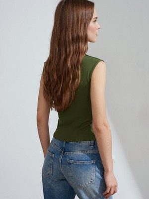 Dilvin 21054 Büzgülü Basic T-Shirt-Koyu Haki